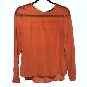 Zara Solid Coral Round Neck Long Sleeve Sheer Top Small